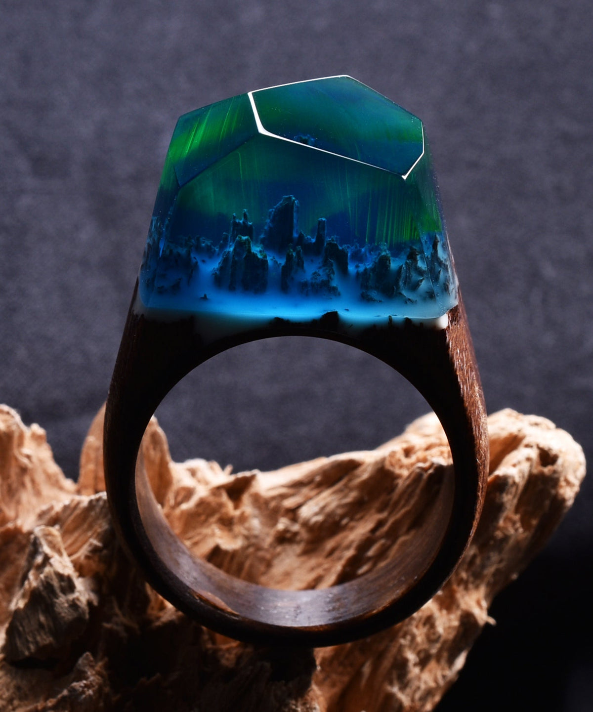 Wood Green Resin Ring glow Handmade Jewelry Polar Night Wooden